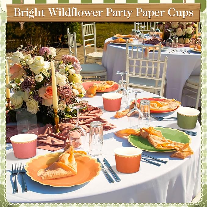 Zopeal 48 Pcs Wildflower Disposable Ice Cream Bowls 9oz Wildflower Colorful Gradient Color Paper Snack Cups with Gold Scallop for Chili Cook off Parties, Weddings, Baby Showers, Desserts, Yogurt