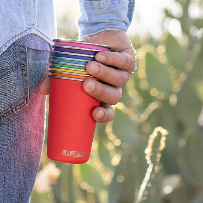 Real Deal Steel Rainbow Cups 16 oz Pint Cups, Stackable Tumblerrs, Eco Friendly Premium Metal Drinking Glasses