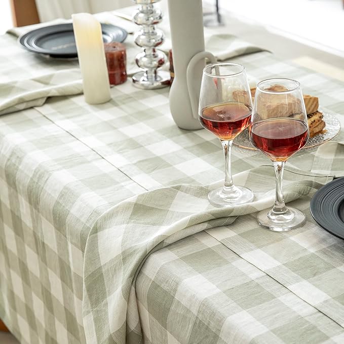 EVERLY 100% Yarn-Dyed Linen Rectangle Tablecloths 60x120Inches for Dining,Buffet Parties,Picnic,Events and Restaurants,Decorative Halloween,Thanksgiving Machine Washable Tablecloths-Sage Green Plaid