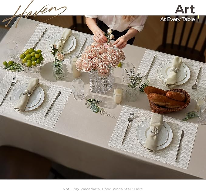 Leetaltree Luxury White and Silver Woven Placemats Set of 8 - Waterproof Washable Textured Table Mats for Wedding, Anniversary, Daily Use - Sparkling Metallic Thread Table Decor - Hand-Cut
