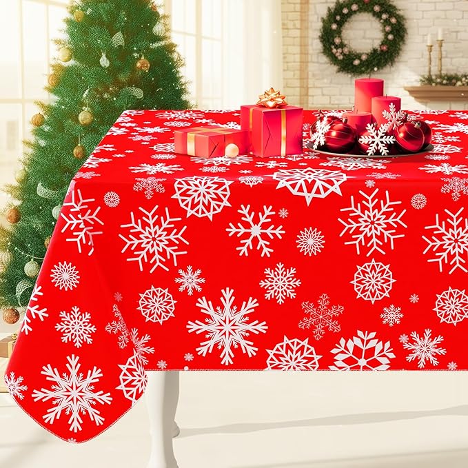 Smiry Christmas Rectangle Table Cloth, Waterproof Vinyl Tablecloth with Flannel Backing, Wipeable Snowflake Plastic Tablecloths for Christmas Table Decorations, (60"x120", Christmas Red)