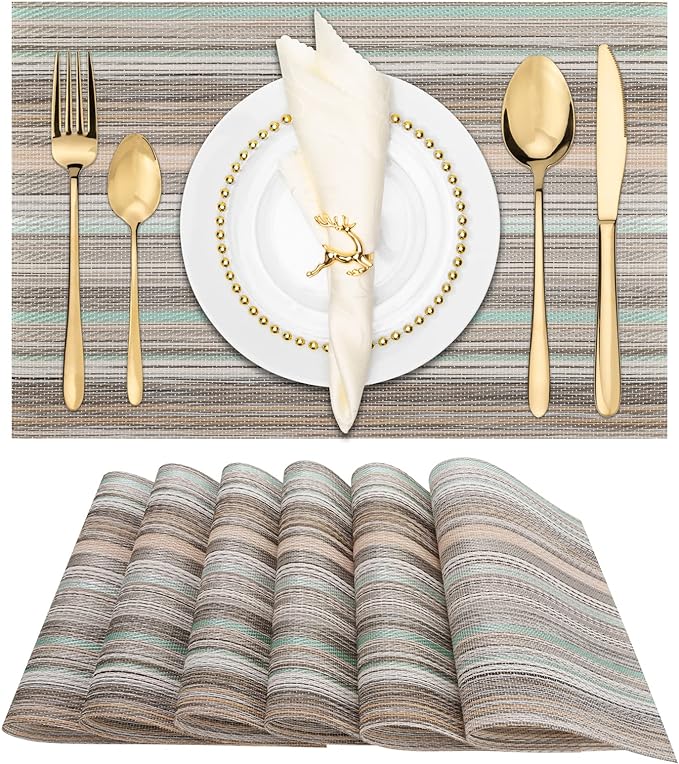 Winknowl Placemats Set of 6, Heat Resistant Non-Slip Vinyl Woven Table Mats for Dining Table, Washable Durable Elegant Place Mats for Kitchen Indoor/Outdoor Use (Teal Green)