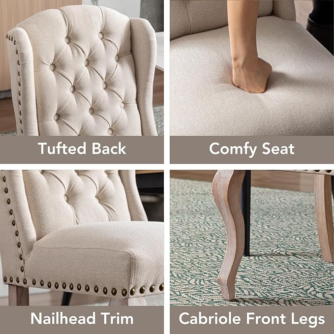 chairus Tufted Parsons Dining Chairs Set of 8, French Country Upholstered Dining Room Chairs with Nailhead Trim & Curved Wood Legs, Farmhouse High Back Armless Side Kitchen Chairs, Beige Linen