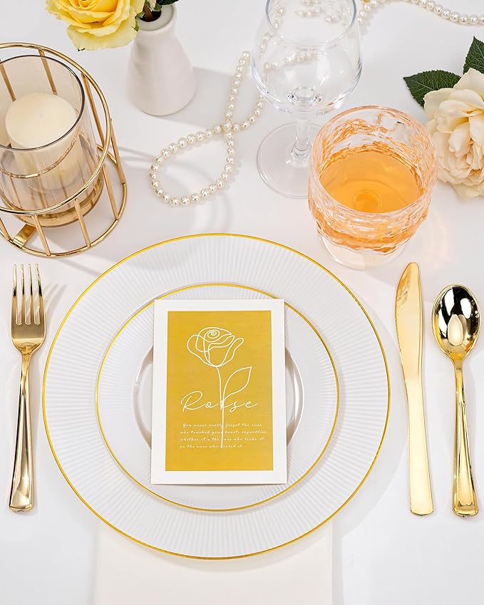 Hioasis 60pcs White and Gold Plastic Plates - White Disposable Dinnerware Set, 30pcs Dinner 10.25in & 30pcs Dessert 7.5in Plates with Striped Designs for Party & Wedding