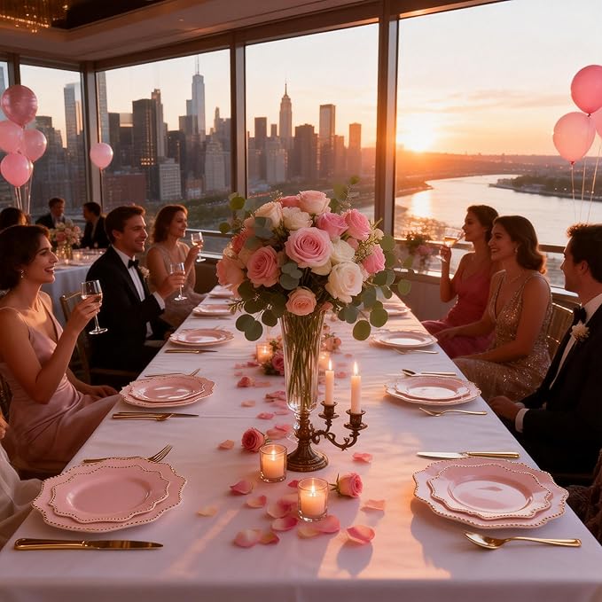 COLOSUS 60Pcs Disposable Plastic Plates Set, Gold Pink Party Plates, 30pcs Dinner Plates and 30pcs Salad/Dessert Plates for Wedding, Party, Anniversary, Daily Use,Valentine's Day