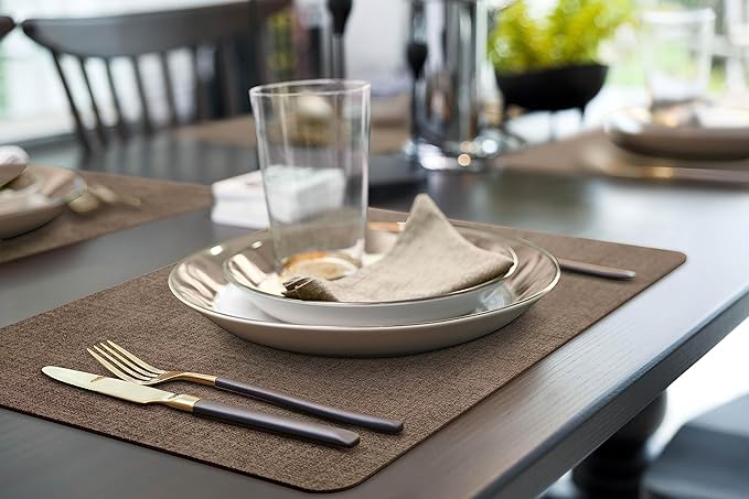 More Décor Faux Leather Placemats Set of 4 for Dining Table – Waterproof, Wipeable, Washable, Stain & Heat Resistant, Non-Slip Table Mats – 12 X 17 Inch, Brown