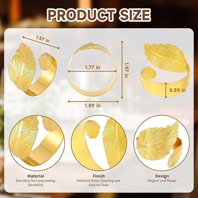 Large Napkin Rings, Shiny Gold Napkin Rings Set of 12, Study Metal Leaf Shaped Table Decor, Stylish Fall Napkin Ring Bulk for Christmas, Easter, Wedding, Party, Elegant Table Settings Gift