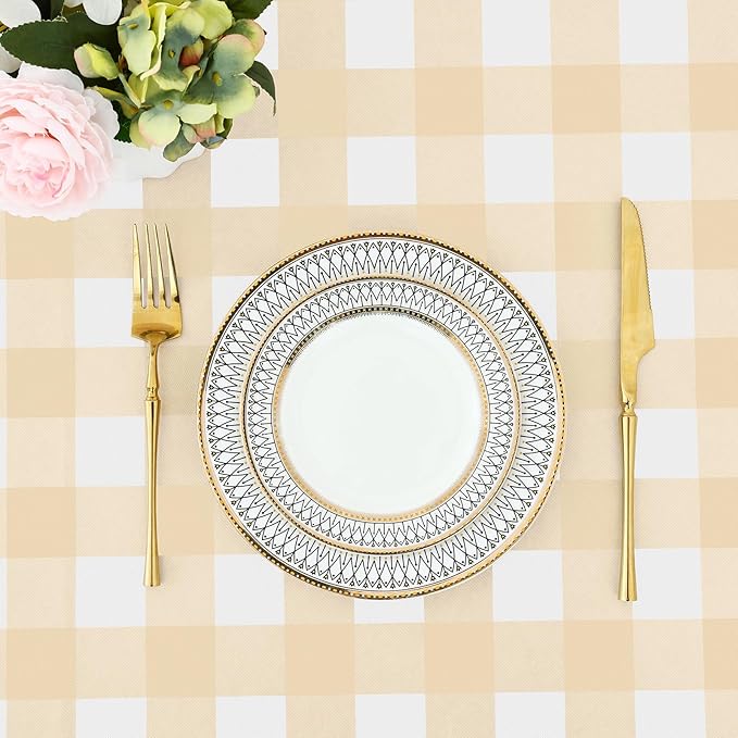 misaya Rectangle Waterproof Vinyl Table Cloth, Buffalo Flannel Backed Tablecloth, Wipeable Plastic Table Cover for Dinner, Kitchen, Outdoor (52" x 70", Beige and White)