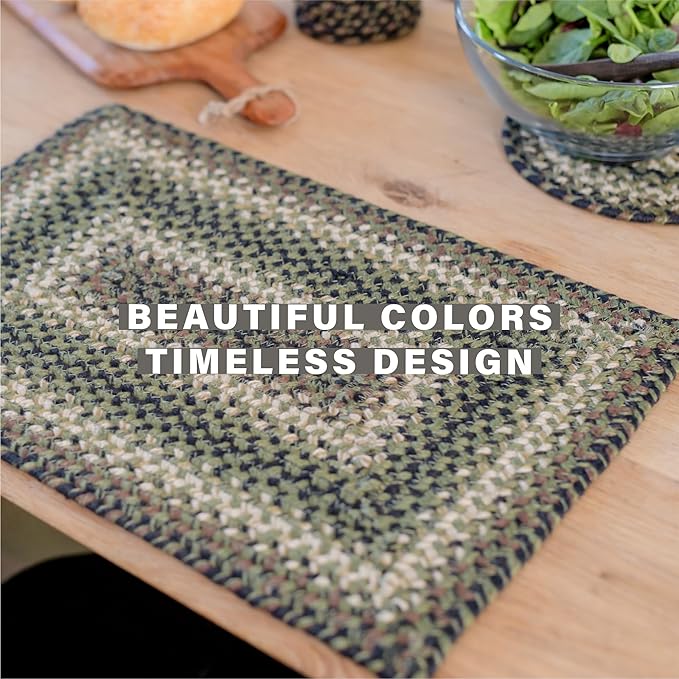 Homespice Pinecone Jute Braided Placemats, Warm Country Rustic Decor, Set of 4, Green 13x19 Oval Table Mats - Vibrant Colors, Durable, Easy to Clean and Protects Furniture