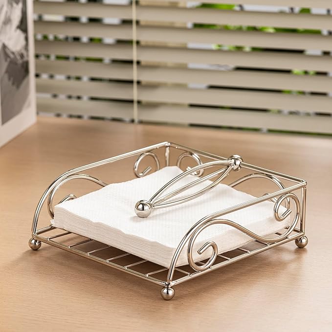 Napkin Holders for Table Metal Napkin Holder for Kitchen with Weight Arm Flat Napkin Dispenser Stainless Steel Lavish Home Hotel Decorative Holder Silver Chrome(7" L X 7" W X 2.5" H)