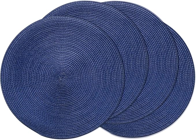 AHHFSMEI Round Braided Placemats 15 Inch Round Table Mats for Dining Tables Natural Woven Heat Resistant Place mats Set of 4 (Navy Blue,4)