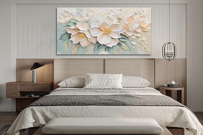 Anolyfi White Textured Flowers Canvas Wall Art for Living Room, Modern Aesthetic Picture Sage Florals Painting Wall Decor, Large Artwork for Hallway Bedroom Office Home Decor 48"x24"