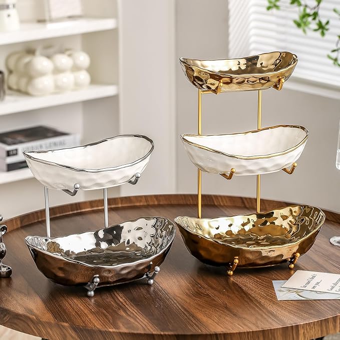 2-Tier Fruit Bowls for Kitchen Counter,Ceramic Bowl with Silver Metal Stand,2 Tier Fruit Basket for Fruit,Snack,Cake,Nuts,Dessert Space Saving Storage