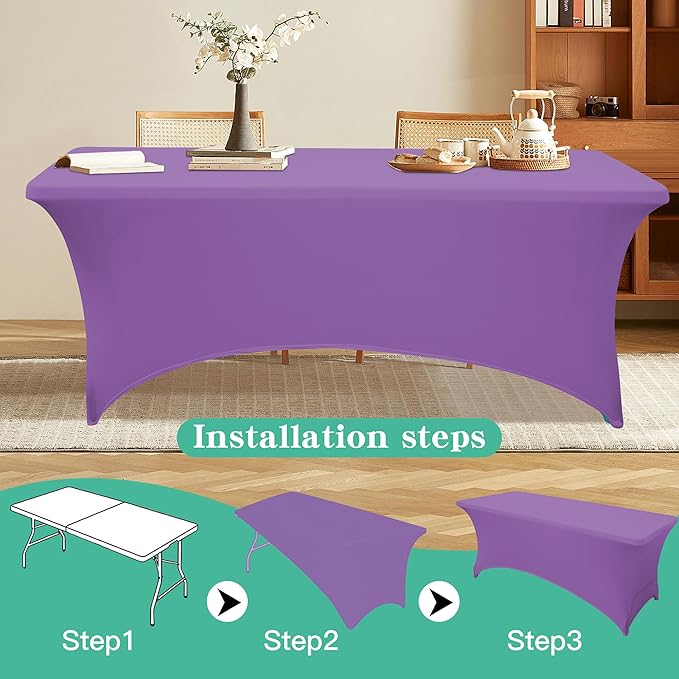 6Pack 8FT Table Cloth for Rectangular Fitted Events Stretch Light Purple Table Covers Washable Spandex Tablecloth Protector for Party, Wedding, Cocktail, Banquet, Festival