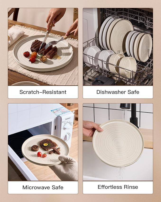 Stoneware Dinnerware Sets, Plate and Bowl Sets for 4, 12 Pieces Spiral Straight Dishware with Speckles and Reactive Glaze, Microwave Dishwasher Safe Family Tableware, Shell Beige