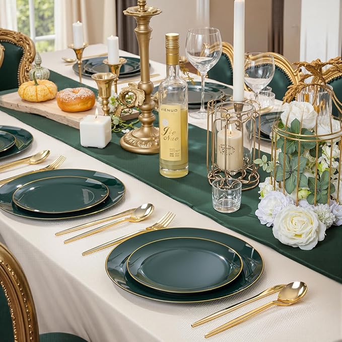 bUCLA 200PCS Green Plastic Plates - Green Disposable with Gold Rim Include 100 Dinner 10 inch & 100 Dessert 7 inch Plates, Ideal for Party & Christmas