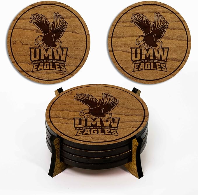 LazerEdge Mary Washington Eagles Wooden Coaster Set - Cherry Wood - Officially Licensed Product - 4-Pack