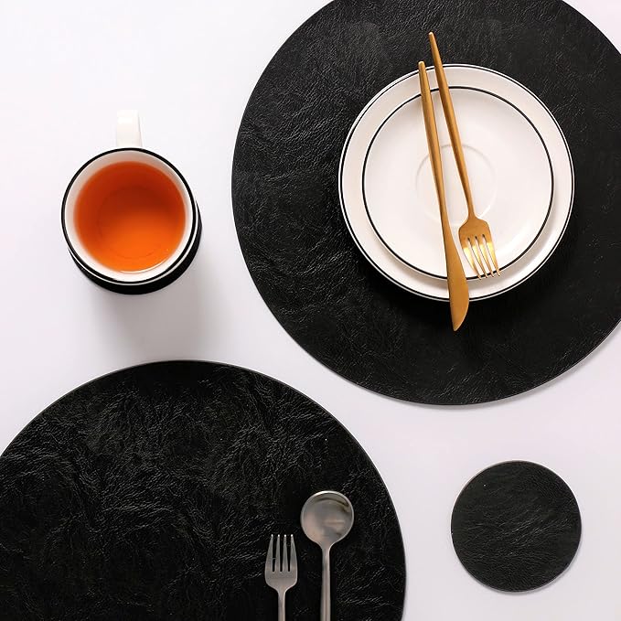 Set of 8 Round PU Leather Placemats, Waterproof Coffee Coasters, Kitchen Table Mats, Easy to Wipe Off for Dining Round Table
