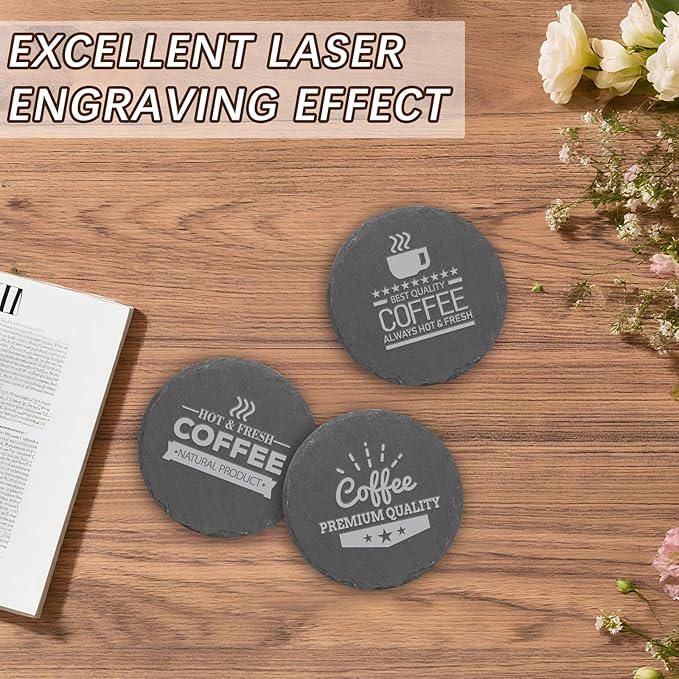 48 PCS Black Natural Slate Coasters Bulk Set 4 Inch Laser Engraving Blanks with Anti Scratch Bottoms for Home, Office, Bar, Gifts Round
