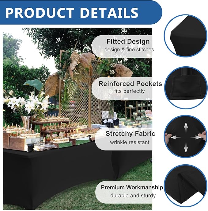 Spandex Table Cloths for 8 Foot Rectangle Tables-4 Pack Fitted Stretch Black Table Covers-Elastic Folding Tablecloths for Party, Vendor Booth Display, Banquet Buffet Event, Craft Trade Show