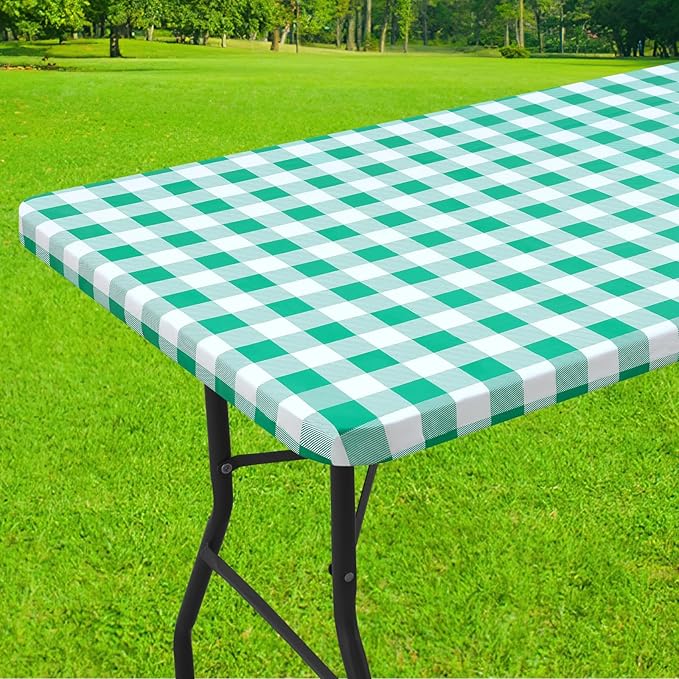 Smiry Rectangle Picnic Table Cloth, Elastic Waterproof Fitted Vinyl Tablecloths, Flannel Backed Buffalo Plaid Table Covers for Dining, Camping, Outdoor (White and Green, 36" x 96")