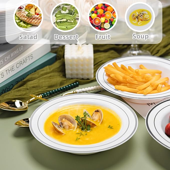 100 PCS Plastic Bowls with Silver Rim, 12oz Premium Heavy Duty Soup Bowls, Dessert and Salad Bowls for Party, Wedding and Holiday