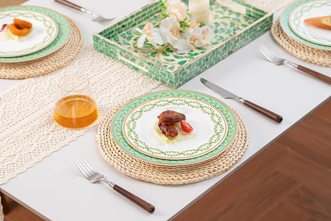 High Bone China Dinnerware Set, 12-Piece Artistic Green Plates and Bowls, Lightweight & Chip Resistant Ceramic Service for 4, Dishwasher Safe Elegant Kitchen Dining