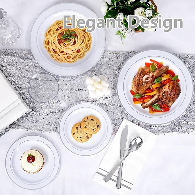GATHER 350PCS Silver Plastic Plates - White and Silver Disposable Plates for 50 Guests Includes 100 Plate, 50 Napkins, 150 Silvery Cutlery and 50 Cups for Party & Wedding
