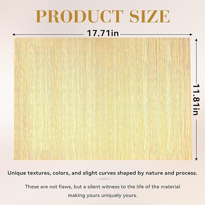 6-Pack Bamboo Placemats,Woven Heat-Resistant Rectangular Table Mats, Natural Dining Place Mats, Rustic Japanese Style Wood Mats for Indoor Dining, Kitchen and Party Use, Beige