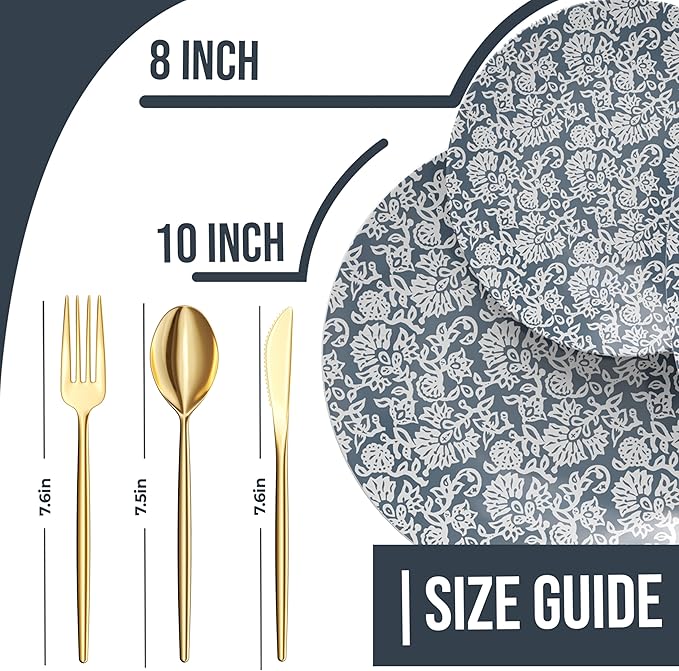 Trendables Fancy Plastic Dinnerware Sets 100 Pc 20 Guests Gold Silverware Disposable 20 X 10 Inch Charger Plates 20 X 8 Inch Dessert Plates 20 x Gold Plastic Forks and Spoons Knives In Garden Damask