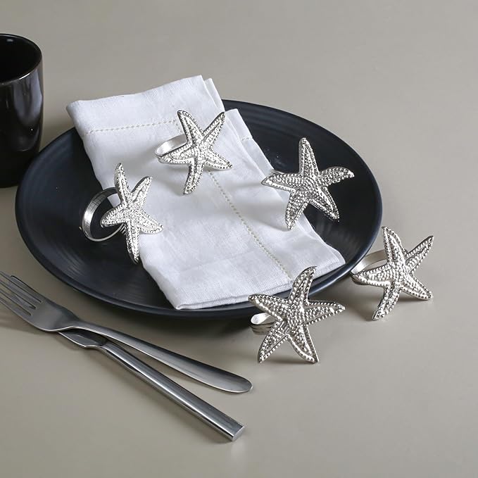 12-Pack Elegant Metal Napkin Rings - Starfish Coastal Table Decor for Dinner Parties Banquet Weddings Family Gatherings Decorative Table Settings Gift (Silver) - ALPHA Living HOME