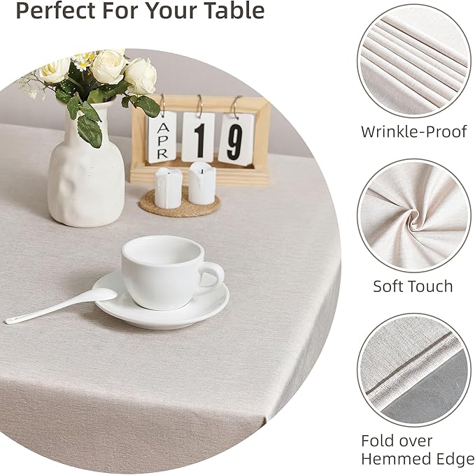 Rectangule Tablecloth Linen Texture Waterproof and Stain-Resistant Fabric Tablecloth, Kitchen Dining Table Decoration, 60 x 104 inch Beige