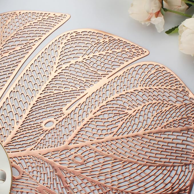 Evevda Rose Gold Leaf Shaped Vinyl Placemats for Dinner Table Set of 6 Metallic Plastic Place Mats Wipeable 6Pcs Table Mats for Wedding Annersary Dinner Table Decoration Mats(17.7x13.8inch/45x35cm)