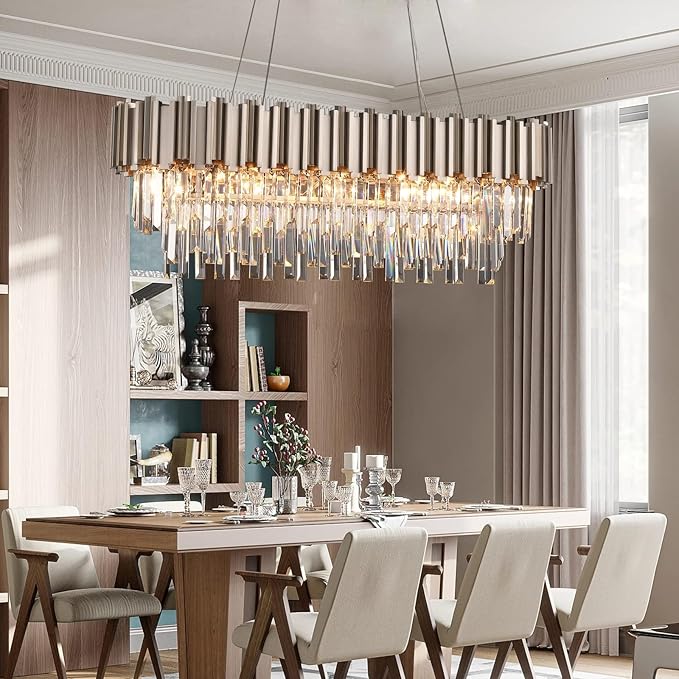 L43.3 Modern Rectangle Crystal Chandelier Nickel Linear Pendant Ceiling Light Fixture for Dining Room Contemporary Oval Raindrop Chandeliers Lighting for Kitchen Island 13-Light