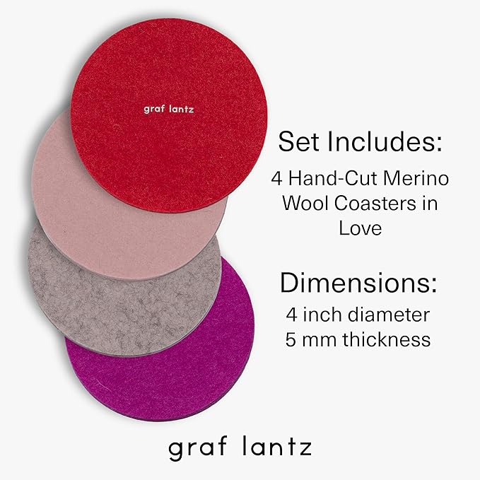 Graf Lantz - Bierfilzl Merino Wool Round Coasters Set of 4 - Love (4" Circles) - Absorbs 30% of Weight - German Wool - Heat Resistant, Sustainable, & Reusable - Home Decor & Coffee Table Decor