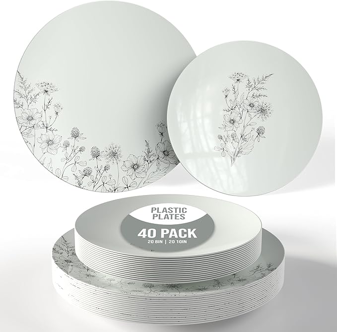 Trendables Disposable Dinnerware Decorative Plates Plastic Disposable Plates Set For 20 Guests 20 x 8 Inch Dessert Plate & 20 x 10 Inch Wedding Party Plate Set Dandelion Bloom
