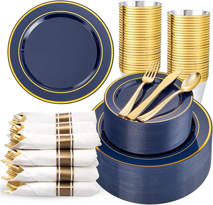350PCS Navy Blue and Gold Plastic Plates with Rolled Napkins Include Dinner Plate 10’’, Dessert Plate 7’’, gold Cups 9 OZ, Pre Rolled Napkins 25 of each type for Party/Birthday/Wedding