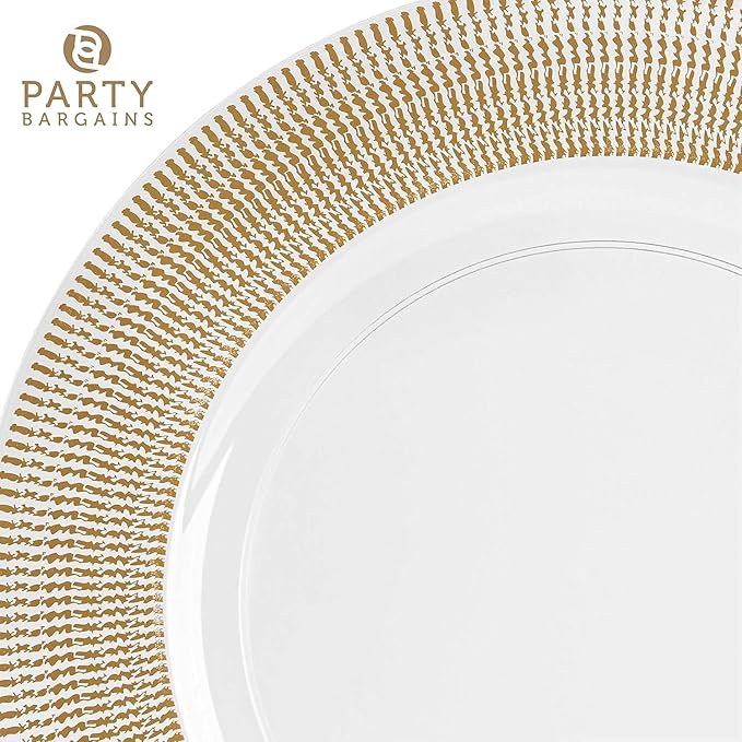 PARTY BARGAINS 13-Inch Charger Plates - 4 Pack, Clear Gold Textured Rim, Heavy-Duty Disposable Chargers for Elegant Dining - Ideal for Weddings and Formal Events