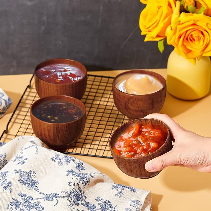 Tioncy 6 Pcs Acacia Wood Small Bowls 4.13 x 2.64 Inch Wooden Bowls Japanese Cups for Food Dipping Sauce Soup Salad Rice Serving Decorations Charcuterie Boards