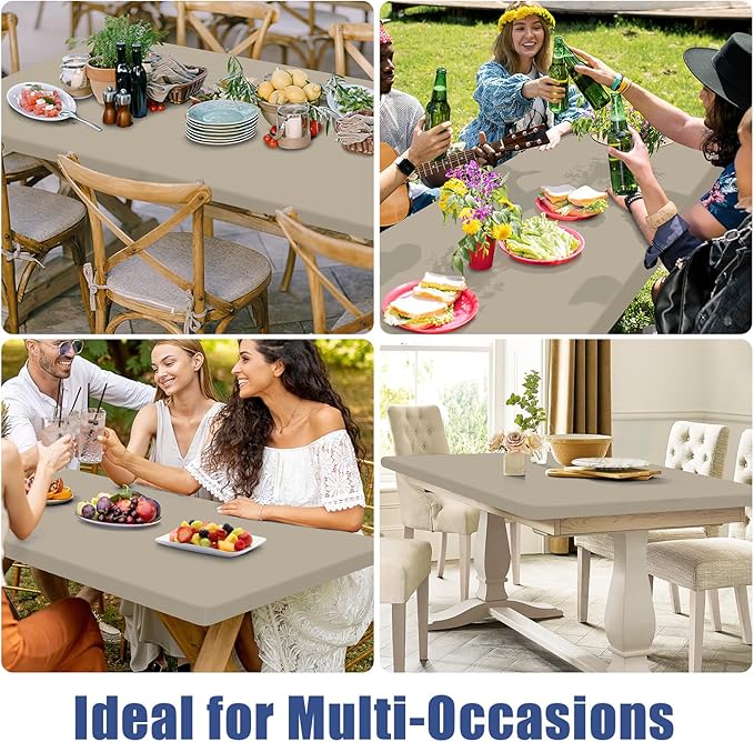 Spandex 8 Foot Rectangle Table Cloth 2 Pack, Elastic Fitted Tablecloths for Picnic, Stretch Washable Patio Table Cover for Outdoor, Camping, Banquet and Parties (Taupe, 30"x96")
