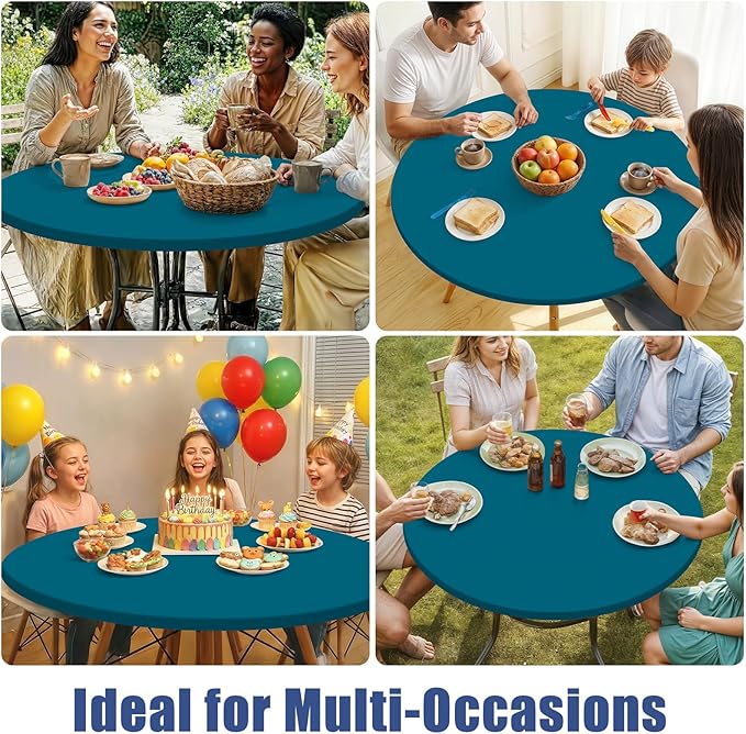 Round Spandex Tablecloth, Elastic Fitted Waterproof Tablecloths for 31"-35" Tables, Stretch Washable Picnic Table Cover for Camping, Dining, Indoor and Outdoor,Peacock Blue