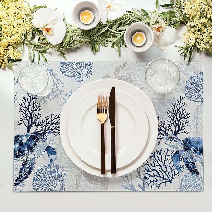 Coastal Placemats Set of 4 - Nautical Place Mats 12x18 Beach Table Mats Sea Turtle Coral Kitchen Mats for Party Dining Table
