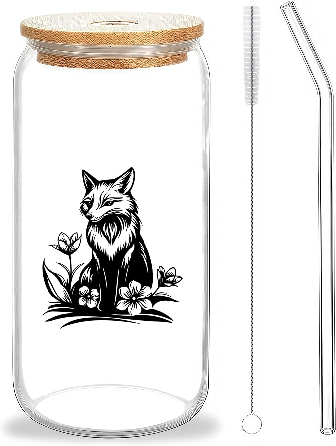 Cute Fox Glass Cup With Lids And Straws, Fox Gift For Women, Iced, Coffee, Smoothie, Cocktail, Beer, Whiskey, Soda, Matcha,16 Oz, Home Office Table Desk Decoration!