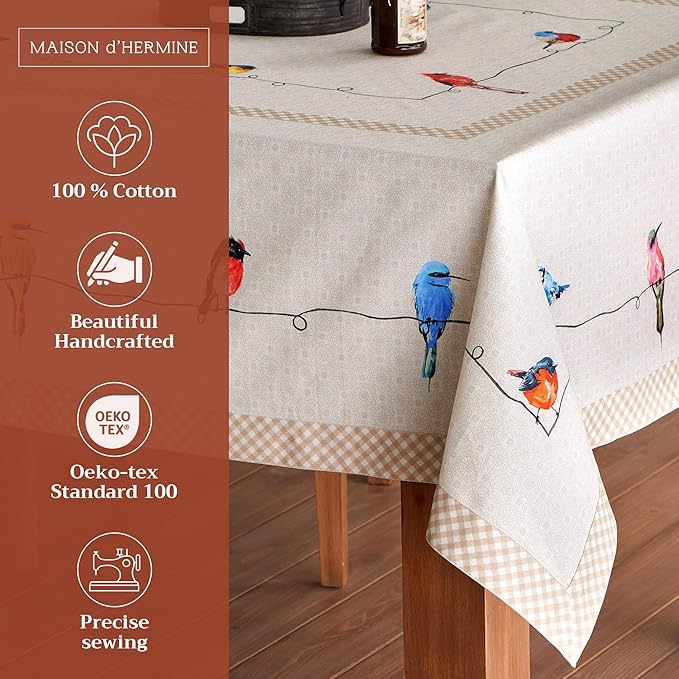 Maison d' Hermine Table Cloth Rectangle Table 100% Cotton 60 x 120 Inches Tablecloth Reusable Decorative for Dining Room Farmhouse Home Valentines Day Decorations Spring Summer - Birdies on Wire