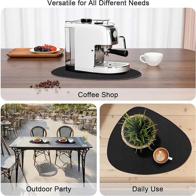 Placemats and Coasters, Washable Reversible Placemats Round Faux Leather Wipeable Place Mats Non Slip Heat Resistant Indoor Outdoor Table Mats (Set of 6, Black)