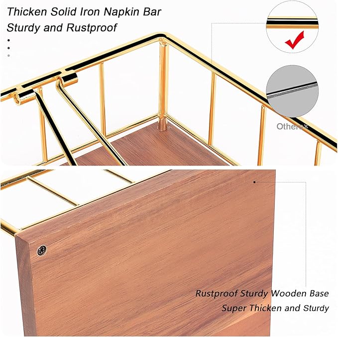 Livabber Flat Napkin Holder, Metal Kitchen Napkin Storage with Weighted Tension Arm Rustic Tissue Paper Dispenser for Countertop, Table Kitchen, Dining Room (With Wooden Base, Gold)