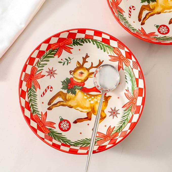Pasta Bowls 42 Oz, Serving Bowls Set of 4, Ceramic Plate for Kitchen,Salad, Dinner, Microwave Oven and Dishwasher Safe, Versatile Christmas Dishes for Holiday Entertaining, Red