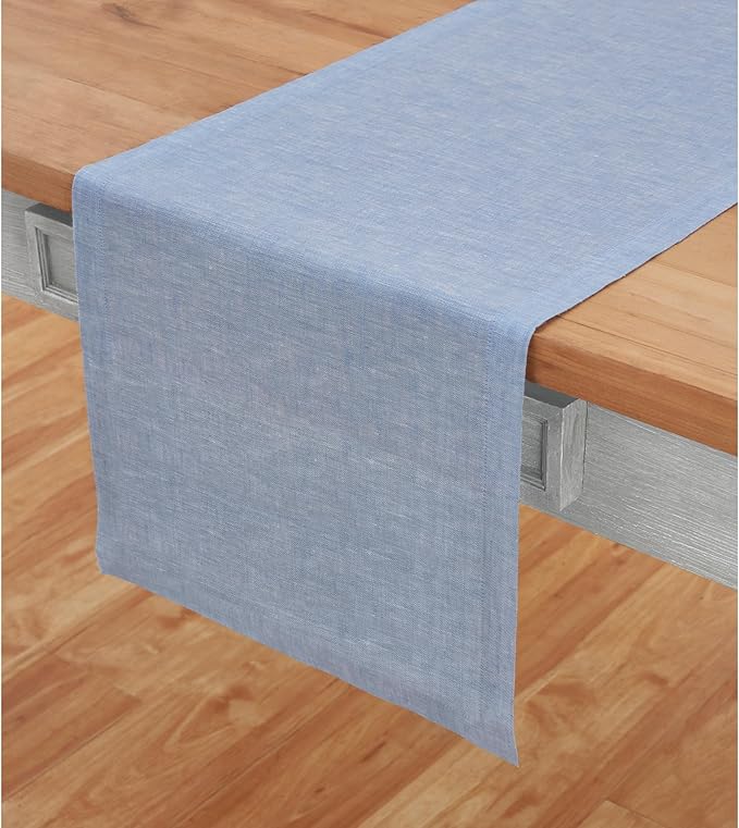 Solino Home Linen Table Runner 48 Inches - 100% Pure Linen Chambray Blue Table Runner 14 x 48 Inch Ideal for Dresser and Coffee Tables - Athena - Winter, Spring, Easter