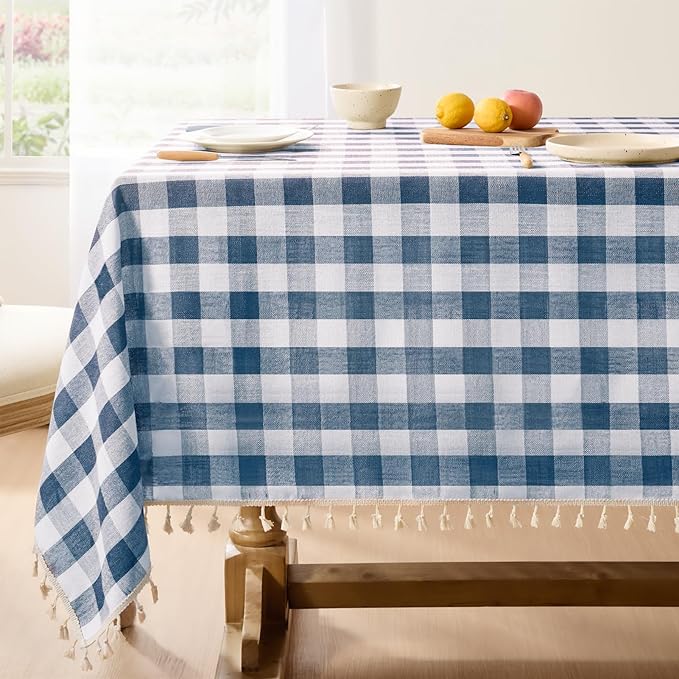 Softalker Checkered Tablecloth Square, Outdoor Linen Cotton Gingham Table Cloth with Tassel, Heavy Duty Wrinkle Free Buffalo Plaid Table Cover for Kitchen Dining Home Party - 55 x 55 Inch, Navy