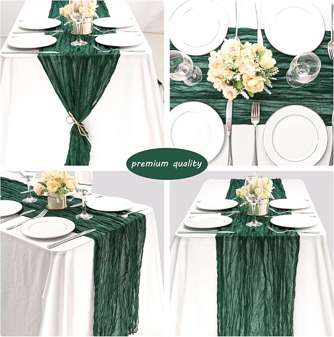 12 Pack Boho Gauze Table Runner 35x72 Inch - Rustic Cheese Cloth Long Table Runner for Wedding, Bridal Shower & Birthday Party Decor (Dark Green)